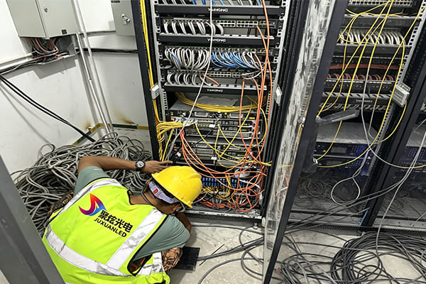 Network cables connected to a smart lighting hub